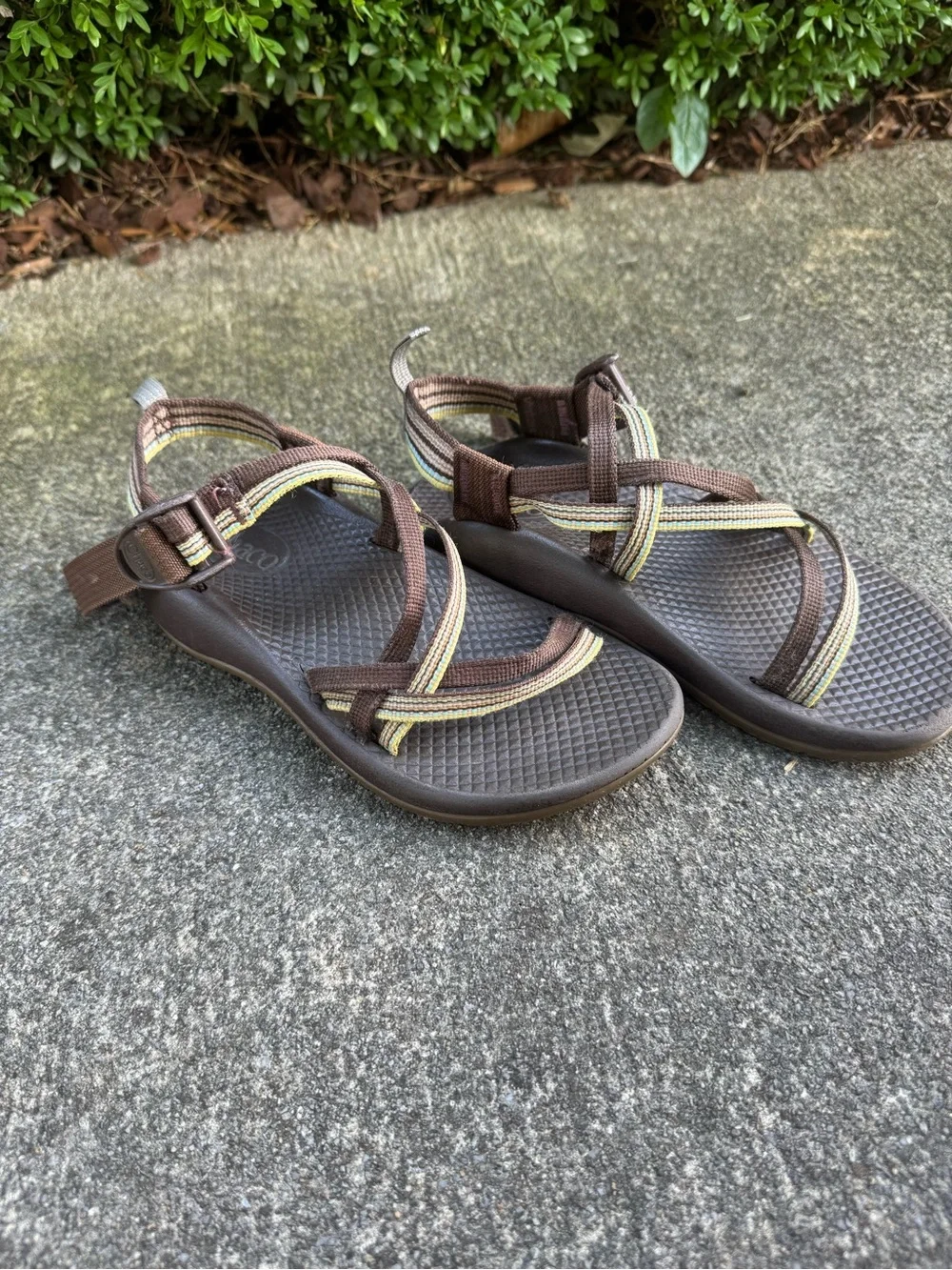 Chaco Kids Brown Sandals with Yellow and Green Stripe Size 1 No Toe Strap